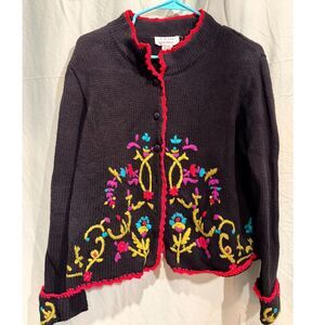Vintage 90s Clio Petites PL Black Ramie Cotton Floral Embroidered Cardigan